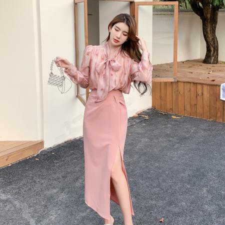 RM33288#法式浪漫碎花衬衫高腰不规则半身裙两件套女2024春设计感套装