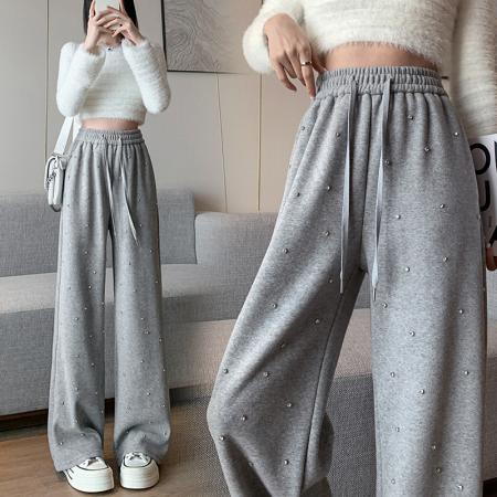 RM33293#新款烫砖加绒毛巾裤宽松显瘦显高抽绳高腰长