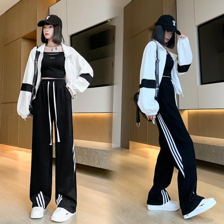 RM33295#新款休闲百搭条纹运动裤女2024宽松显瘦高腰抽绳阔腿裤