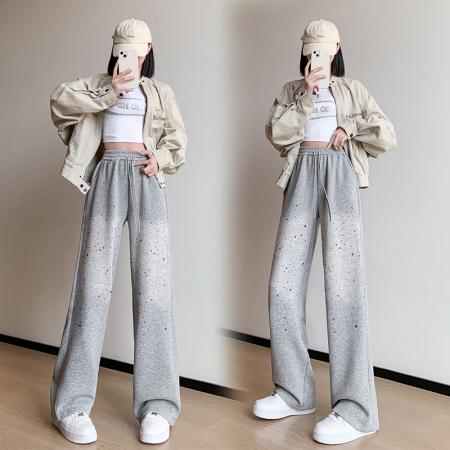 RM33296#加绒加厚重工洗水烫钻长裤针织卫裤女士百搭显瘦