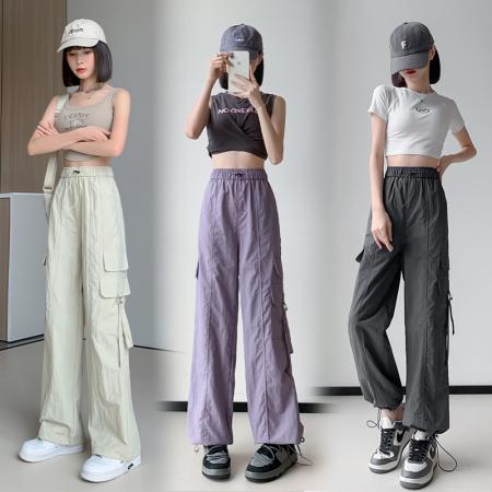 RM33298#降落伞工装裤 新款港风宽松抽绳阔腿束脚机能卫裤