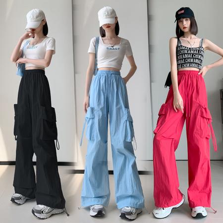 RM33299#辣妹风抽绳工装女春季美式高街嘻哈宽松百搭阔腿休闲直筒裤