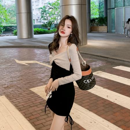 RM33302#新款方法式优雅方领修身显瘦裙子拼接连衣裙女