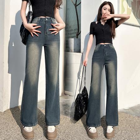 RM33313#美式高街复古直筒微喇叭牛仔裤女新款高腰宽松显瘦垂感拖地阔腿裤