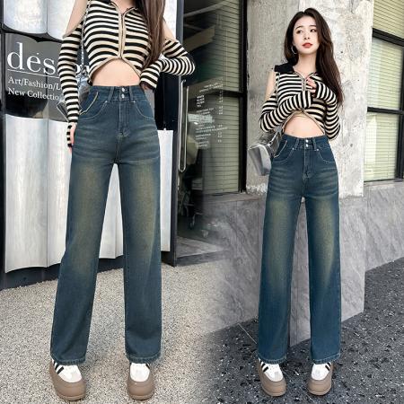 RM33314#高腰阔腿牛仔裤女春秋季小个子设计感2024年新款宽松窄版直筒裤子