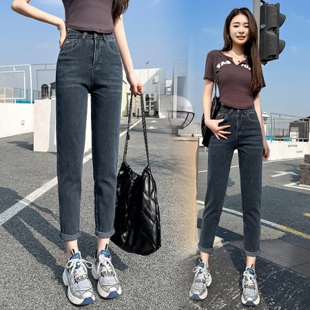 RM33316#梨形身材哈伦牛仔裤女春秋新款胖mm大码高腰显瘦弹力九分老爹裤潮