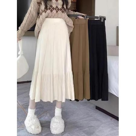 RM33331#针织白色荷叶边半身裙女2024春秋显瘦百褶大摆裙减龄中长款a字裙