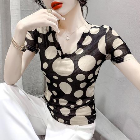 RM33339#夏季时尚纱网印花短袖V领T恤修身显瘦洋气上衣潮实