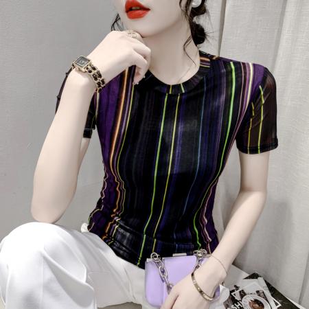 RM33340#夏季时尚纱网印花定位花短袖圆领修身显瘦洋气上衣潮