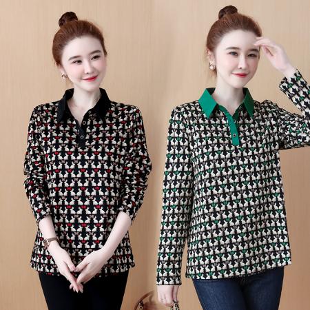 RM33346#新款时尚针织印花衬衫女宽松显瘦洋气长袖大码打底衫