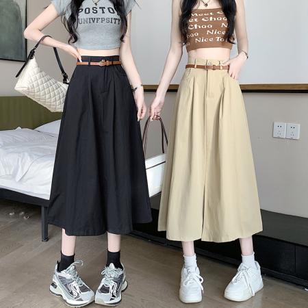 RM33359#夏季新品个性开叉精美高腰显瘦简约口袋清凉中长大摆裙宽松型