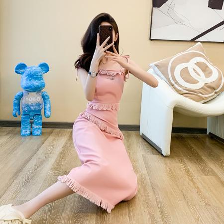 RM33360#春夏新款连衣裙中长裙粉色牛仔收腰高腰不规则甜美淑女