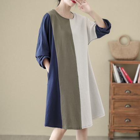RM33373#棉麻连衣裙女 新款女装长袖简约撞色拼接宽松直筒裙子
