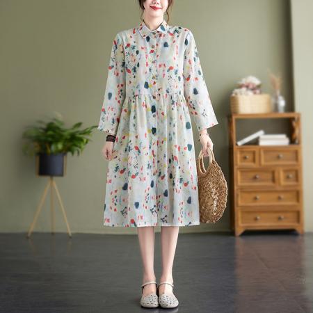 RM33375#九分袖复古碎花连衣裙女士气质衬衣领中长款大码裙子