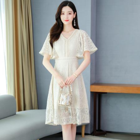 RY2709#连衣裙女夏季韩版收腰显瘦v领法式春秋仙女裙蕾丝裙