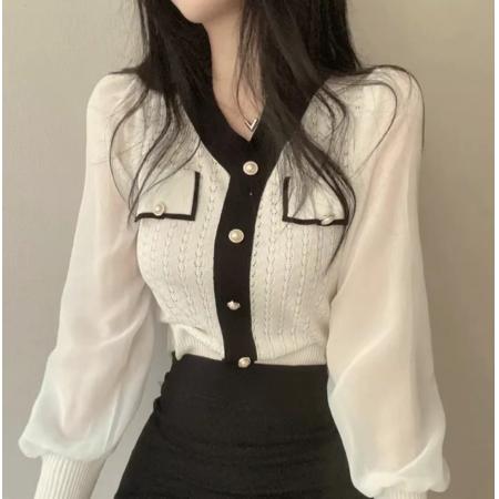 RM33377#韩版拼接雪纺长袖针织衫女V领假开衫套头打底衫