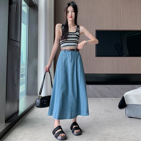 RM33412#新款a字半身裙女百褶高腰裙修身长款大摆裙牛仔长裙