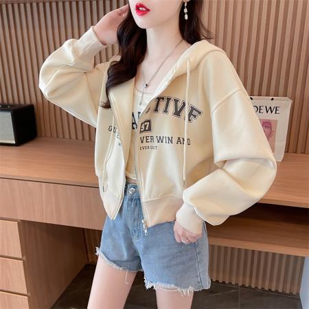 RM33421#韩版宽松华棉连帽印花拉链开衫大码短款薄外套女