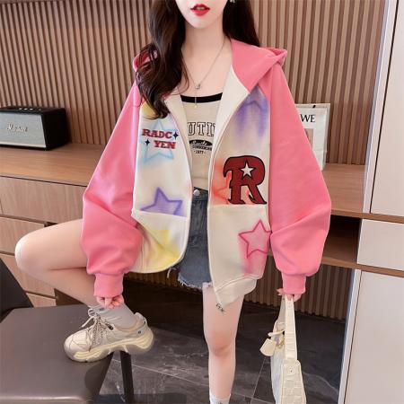 RM33423#韩版宽松反棉华棉连帽印花大码薄款外套女