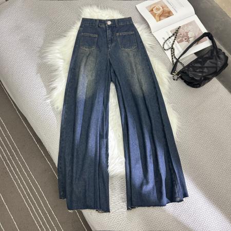 RM33444#设计感毛边阔腿裤女春秋高腰显瘦宽松垂感直筒拖地裤裙潮