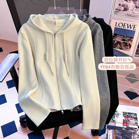 RM33446#连帽短款t恤女2024早春新款辣妹纯欲修身拉链长袖鱼骨上衣