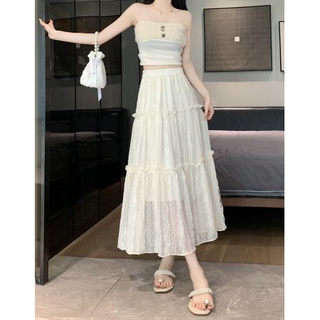 RM33448#新款法式甜美立体网纱拼接半身裙女高腰木耳边A字蛋糕裙