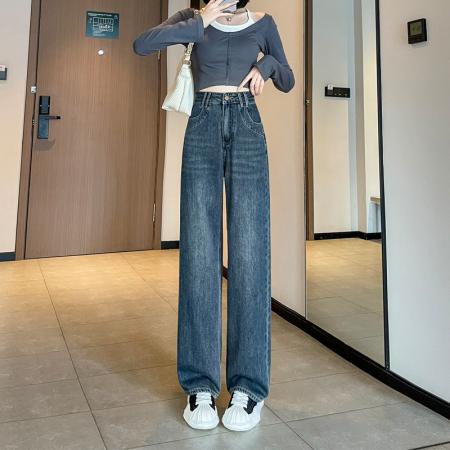 RM33464#小个子牛仔阔腿裤女 高腰修身九分裤直筒显高拖地裤