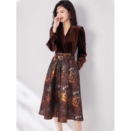 RM33472#新款女装气质高端v领丝绒拼接提花连衣裙收腰显瘦a字裙子