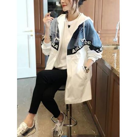 RM33476#牛仔拼接白色连帽外套女宽松中长款工装冲锋衣春秋2024新款欧洲站