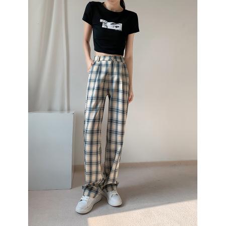 RM33516#薄款高腰格子直筒女长裤休闲宽松显瘦百搭阔腿裤女