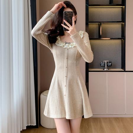 RM33558#新款法式蕾丝花边针织连衣裙小香风小个子收腰显瘦