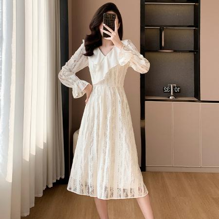 RM33559#新款 桔梗法式连衣裙女长袖V领温柔风蕾丝拼接裙子