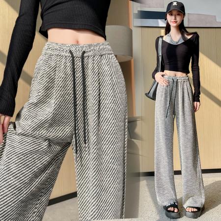 RM33566#金丝斜条纹阔腿裤女2024春季新款休闲裤高腰窄版显瘦直简裤子