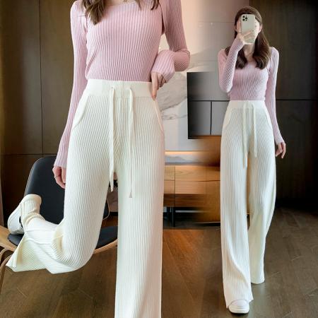 RM33568#羊绒开叉糯米针织阔腿裤女秋冬软糯垂感拖地毛呢女裤直筒休闲裤子