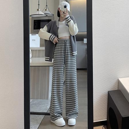 RM33568#时尚宽松百搭条纹松紧高腰休闲裤 新款韩版阔腿长裤