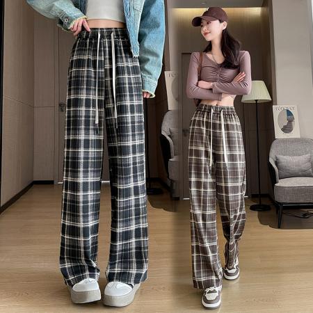 RM33569#春夏新款复古撞色格子阔腿裤女休闲垂感高腰遮胯显瘦长裤