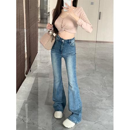 RM33586#复古高腰弹力喇叭裤显瘦拖地裤女牛仔裤休闲长裤
