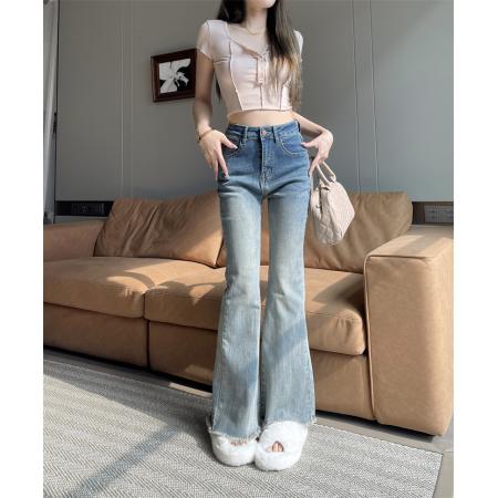 RM33588#复古修身显示喇叭裤牛仔裤休闲弹力毛边长裤女