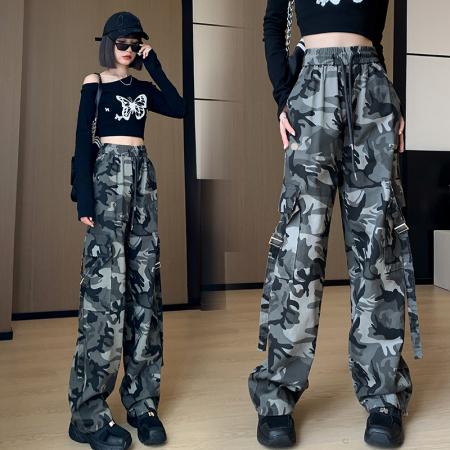RM33613#新款复古嘻哈迷彩裤女直筒阔腿高腰休闲工装裤子潮