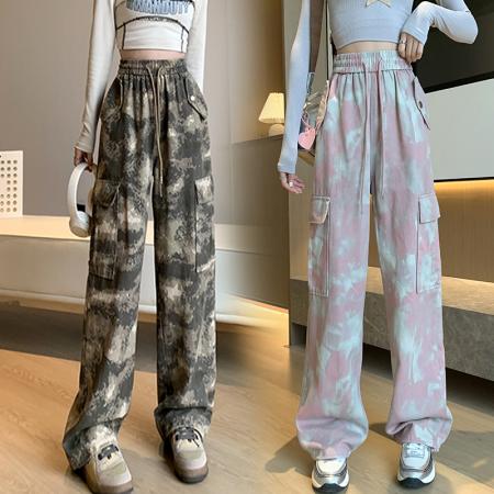 RM33614#美式复古迷彩工装裤女秋季2023新款宽松束脚休闲运动阔腿裤子