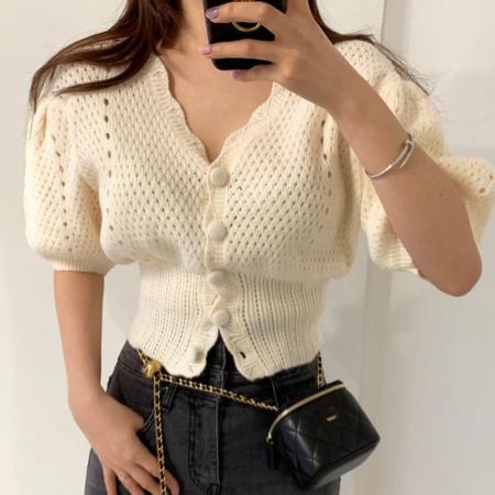 RY2716#韩国chic夏季法式气质V领修身显瘦包边单排扣泡泡袖纯色针织衫女