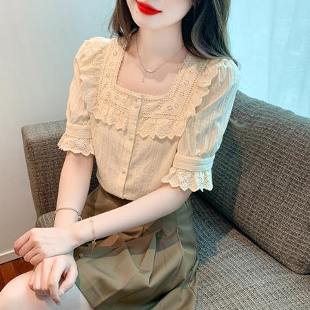 RY2719#夏季法式方领衬衫上衣甜美花边拼接衬衣洋气小衫