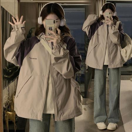 RM33623#连帽冲锋衣2024新款春秋外套慵懒风撞色上衣运动宽松外套女