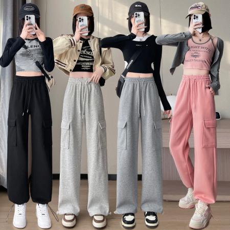 RM33633#休闲工装裤女2024新款高腰显瘦直筒宽松运动美式束脚可调阔腿卫裤