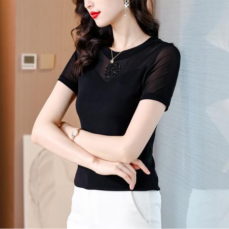 RM33635#新品简约常规蕾丝网纱烫钻修身短袖圆领洋气黑色打底衫