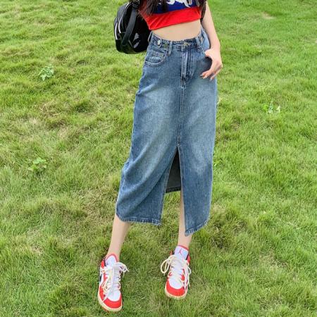 RM33636#爆款可调节腰前开叉牛仔半身裙女高腰显瘦A字中长款裙子