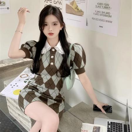 RM33637#法式泡泡袖针织连衣裙小众设计 新款女装娃娃领包臀短裙女夏季
