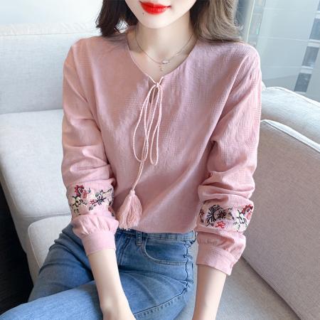 RM33649#文艺复古肌理感棉布衬衫女花卉图案重工刺绣长袖衬衣