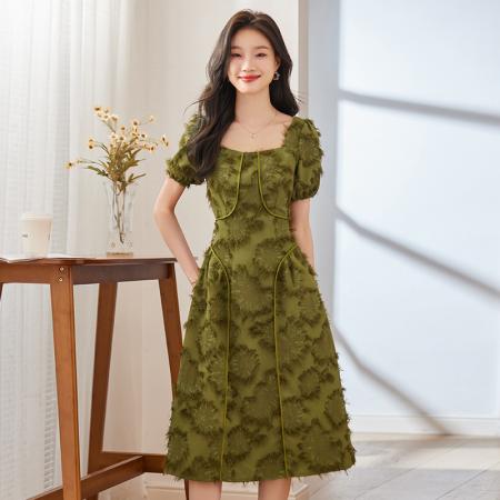 RM33659#职业装女夏装 新款绿色小众设计感绒毛长裙子高端工作服连衣裙