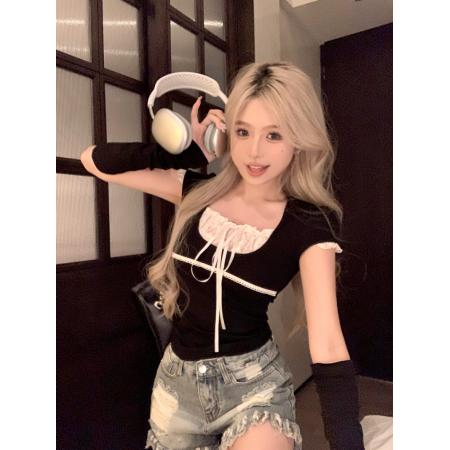 RM33689#辣欲doll感 黑色修身蕾丝显瘦t恤设计感U领短袖夏